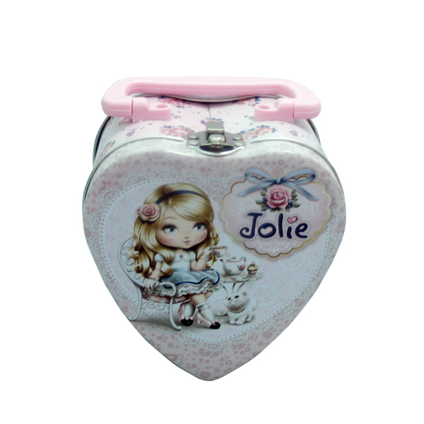 Heart shaped cosmetics tin box with handle