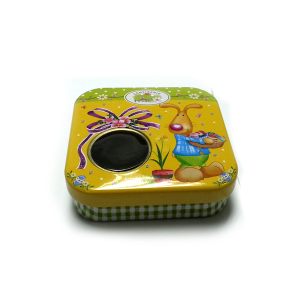 small square candy tin box with window