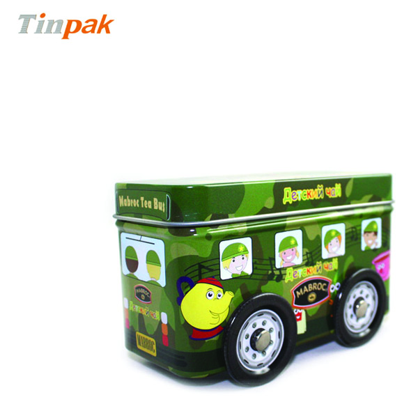 Bus shaped gift tin box with wheels