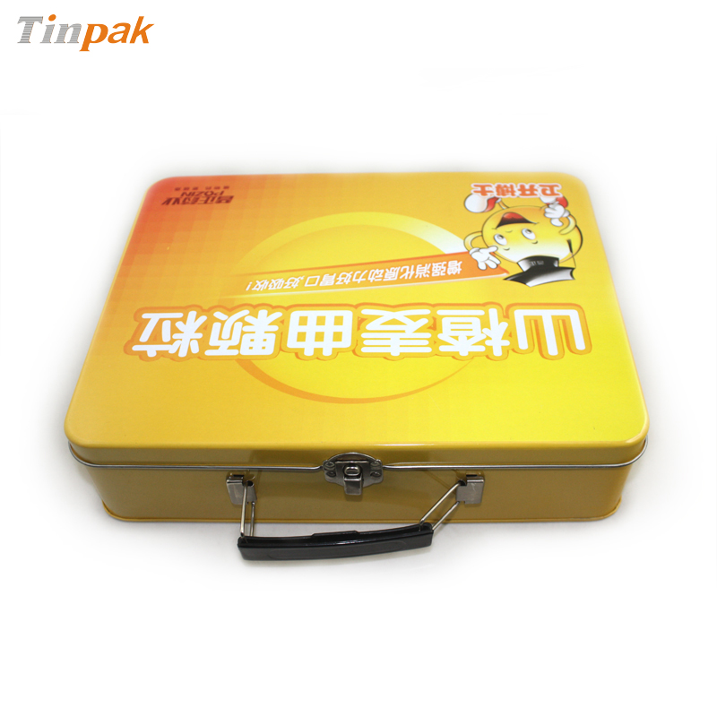 Rectangular gift tin box with plastic handle